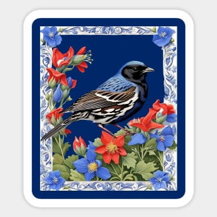 A Lark Bunting Surrounded by Colorado Blue Columbine Border Cut Out Sticker